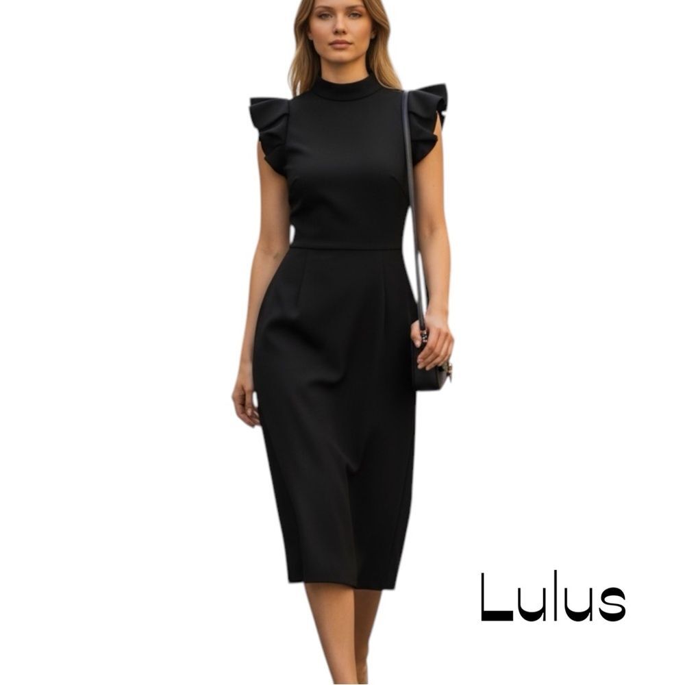 Lulus Black Ruffled Sleeve Midi Dress NWT Size S Romantic Party Event